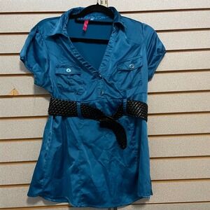 Heart & Soul Teal Blue Button Front Shirt Dress With Belt Short Sleeve Women S